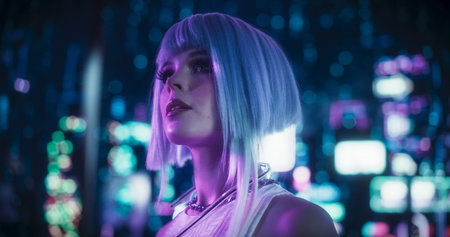 Cinematic Portrait of a Young Cosplay Model Wearing Futuristic Clothes, Striking Makeup and a Short...