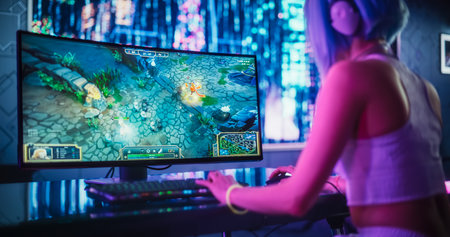 Young Female Gamer Playing Strategy Video Game with Modern Graphics on Her Computer. Stylish...