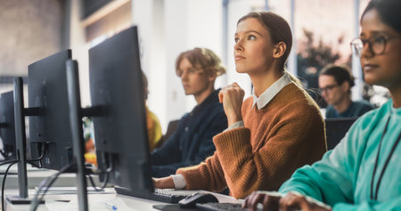 Young Smart Female Student Studying in Modern School with Diverse Multiethnic Classmates. Happy...