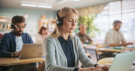 Adult Education Center: Diverse Mature Students Taking Language Exams in Classroom, Using Headphones...