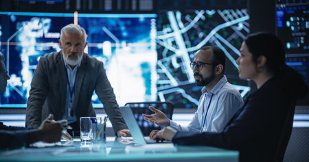 Team of Surveillance Experts Having a Discussion During a Meeting in an Advanced Research Center....