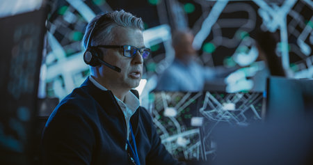 Portrait of a Middle Aged Logistics Officer Wearing a Headset, Working in a Central Office Hub for...