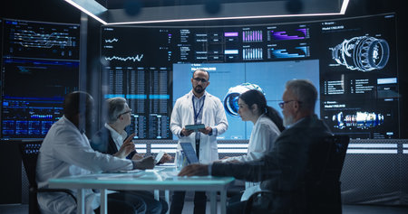 Chief Engineer Conducting a Quality Assessment Meeting With His Industrial Design Team. Group of...