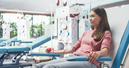 Caucasian Woman Donating Blood For People In Need In Bright Hospital. Female Donor Squeezing Heart Shaped Red Ball To Pump Blood Through The Tubing Into The Bag. Donation Forの写真素材