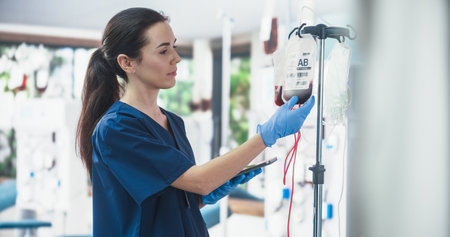 Female Nurse Holding Tablet Computer And Checking The Blood Bag In Donation Center. Professional Caucasian Woman Observing Donation Process In Bright Hospital. Health Careの写真素材