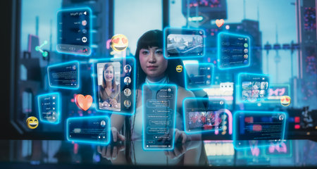 Stylish Japanese Young Woman Interacting with Augmented Reality Platform in a Technologically Advanced Room with Futuristic Cyberpunk City in the Background. She isの写真素材