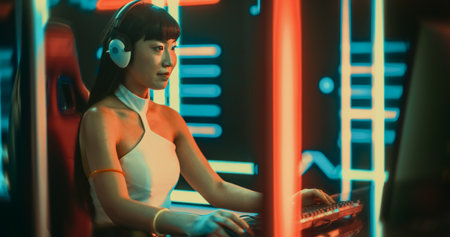 Young Woman Wearing Futuristic White Clothes and Neon Rings, Playing Video Games on a Desktop Computer. Japanese Girl in Headphones Talking to Online Stream Audience. Streamingの写真素材
