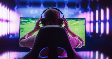 Female Online Gamer Playing Video Game in a Futuristic Cyberpunk Room. Footage From the Back of a Girl Putting On Headphones. Pro Gamer Winning an Intenseの写真素材