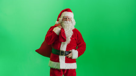 Studio Shot Isolated Mockup Template: Jolly Santa Claus Standing On Green Screen Chromakey...