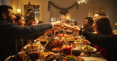Christmas Dinner Together with Parents, Children and Friends at Home. Multicultural Family Raising Champagne Glasses and Toasting, Celebrating a Holiday with a Delicious Mealの写真素材