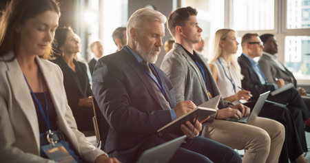 Senior Caucasian Man Sitting in a Crowded Audience at a Business Forum. Corporate Delegate Taking Notes. Successful Male CEO Attending Business Conference,の写真素材