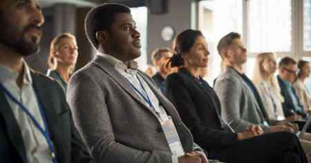 African Man Sitting in a Crowded Auditorium at a Tech Conference. Professional Businessman Listening...