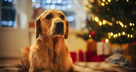 Cute Purebred Golden Retriever Enjoying the Warmth Inside on a Winter Snowy Night: Dog Resting Next to a Fireplace Decorated Christmas Ornaments, Garlands and Stockings.の写真素材