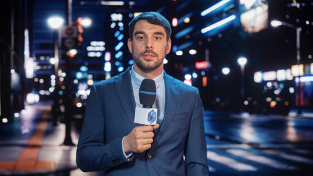 Anchorman Reporting Live News in a City at Night. News Coverage by Professional Handsome Reporter from a Business District. Journalist Presenting News for TV Channel.の写真素材