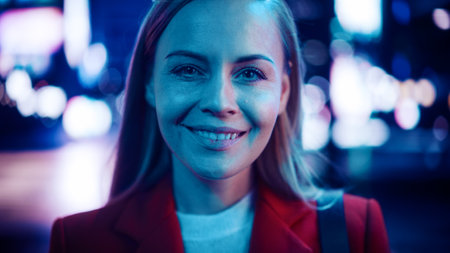 Close Up Portrait of an Attractive Caucasian Woman Smiling, Looking at Camera, Standing in Night...