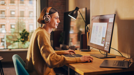 Young Handsome Man Working from Home on Desktop Computer in Sunny Stylish Loft Apartment. Creative...