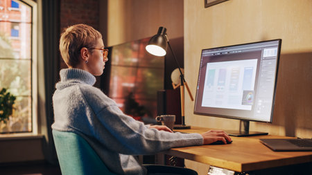 Young Attractive Woman Working from Home on Desktop Computer in Sunny Stylish Loft Apartment....