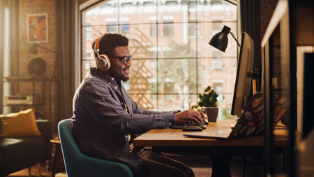 Young Handsome African American Man Working from Home on Desktop Computer in Sunny Stylish Loft...