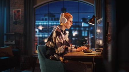 Young Woman Writing Code on Desktop Computer in Stylish Loft Apartment in the Evening. Creative Female Wearing Headphones, Working from Home on Software Development.の写真素材