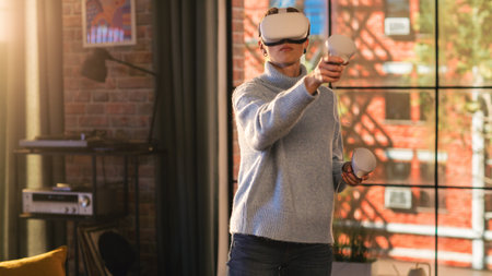 Young Female Gamer with Short Hair Having Fun and Playing Virtual Reality Game at Home in Her Living...