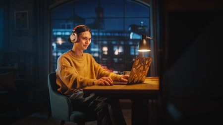 Young Handsome Man Opening Laptop Computer in Stylish Loft Apartment in the Evening. Creative Person Wearing Cozy Yellow Sweater and Putting On Headphones. Urban City Viewの写真素材