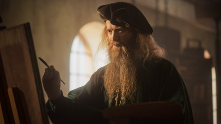 Medium Portrait of a Male Historical Figure Painting on Canvas in his Workshop. Famous Painter of the Renaissance Era Getting Inspired and Adding Details to his Masterpiece.の写真素材