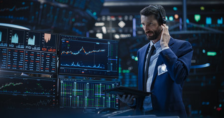 Portrait of a Stylish Man Working in an International Stock Exchange Company: Specialist Monitoring...