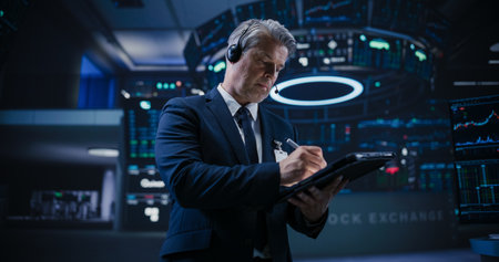 Talented Stock Exchange Investor Working on a Tablet Computer, Day Trading Company Shares, Valuable...