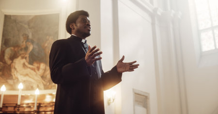 Service In Christian Church: Minister Leads Congregation In Prayer, Quotes The Bible, Gospel and Teaching of Jesus Christ. Priest Doing Sermon that Gives Hope. Beautiful Momentの写真素材