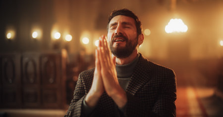 Young Christian Man on his Knees in Church, with Folded Hs He Seeks Guidance From Faith Spirituality while Praying. Expressive Emotional Religious male with Belief in Powerの写真素材