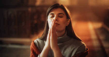 Devout Praying Christian Woman, Bowing In Humble Reverence To God. With Hands Folded She Looks Upwards Before Closing Eyes. Seeking Guidance and Strength to Live a Life inの写真素材