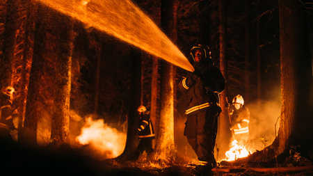 Experienced African American Firefighter Extinguishing a Wildland Fire in a Forest. Professional in Safety Uniform and Helmet Using a Fire Hose to Battle Dangerous Wildfire. Teamの写真素材