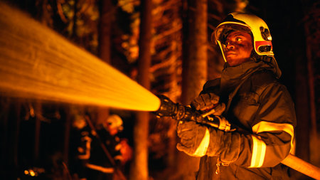 Experienced Back Firefighter Extinguishing a Wildland Fire Deep in a Forest. Professional Squad in...