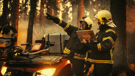 Portrait of Two Professional Firefighters Standing Next to ATV, Discussing the Situation During a Wildland Fire: Brave Superintendent Talking with Experienced Squad Leader,の写真素材