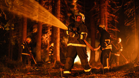 Experienced African American Firefighter Extinguishing a Wildland Fire Deep in a Forest. Professional in Safety Uniform and Helmet Using a Fire Hose to Battleの写真素材