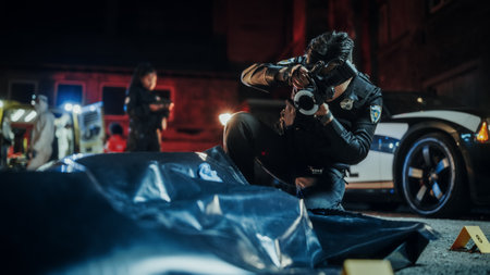 Policeman Taking Photos of Bagged Corpse Found Murdered in a Back Alley at Night. Police Officer at Crime Scene Documenting the Victim's Body. Death of a Bystander Caused by Gangの写真素材