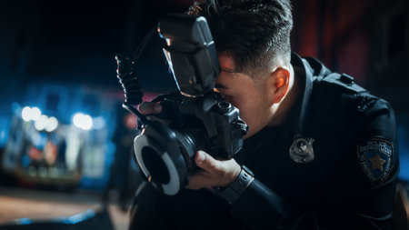 Close Up Shot: Asian Male Police Officer Taking Photos on a Crime Scene at Night. Professional Young Policeman Doing Fieldwork, Working on a Case, Photographing Evidence and Cluesの写真素材