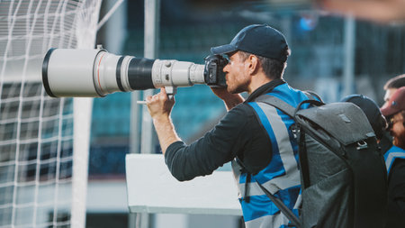 Professional Sports Photographer with Big Lens Shooting Football Championship on a Stadium. International Cup, World Tournament Sports Event Photography and Media Finalsの写真素材