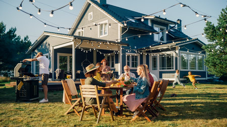 Parents, Children and Friends Gathered at a Barbecue Dinner Table Outside a Beautiful Home....