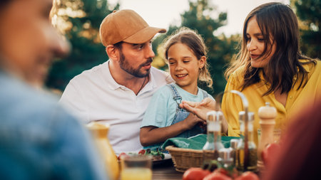 Portrait of a Handsome Young Father Holding His Cute Little Daughter on Lap at a Outdoors Dinner Party with Food and Drinks. Happy Family Having a Picnicの写真素材