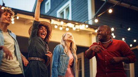 Diverse Multicultural Friends and Family Dancing Together at an Outdoors Garden Party Celebration. Young and Senior People Having Fun on aの写真素材