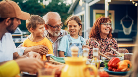 Portrait of a Happy Senior Grandfather Holding His Bright Talented Little Grandchildren on Lap at a...