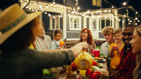 Family and Multicultural Friends Celebrating Outside at Home in the Evening. Group of Children, Adults and Old People Gathered at a Table, Having Fun Conversations. Eatingの写真素材