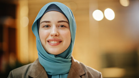 Portrait of Muslim Successful Businesswoman Wearing Hijab Looking at Camera and Smiling. Face Close Up of a Successful Empowered and Confident Arab Woman.の写真素材