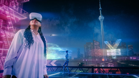 Black Woman Wearing Virtual Reality Headset Enters Metaverse. VR Transformation: Female Looking...