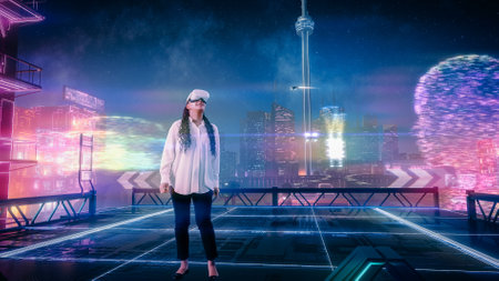 Black Woman Wearing Virtual Reality Headset Enters Metaverse. VR Transformation: Female Surrounded...