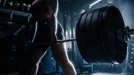 Focused Shot on a Heavy Barbell with the Body of a strong Woman Lifting it in the Background. An unstoppable Female Athlete Training, Exercising Overcomes The Challenge of Liftingの写真素材