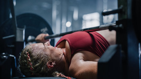 A Persistent Female Bodybuilder Working out, Enduring the Pain of Exercising. Portrait of a Woman Challenging Gender Stereotypes And Training with Heavy Weights Using a Barbell inの写真素材