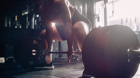 A Young Sportswoman Holding a Barbell with a Firm Grip and Using it to Exercise. A Female Weightlifting Championship Winner Working Out and Training Alone in a Dark Gym Using a bigの写真素材
