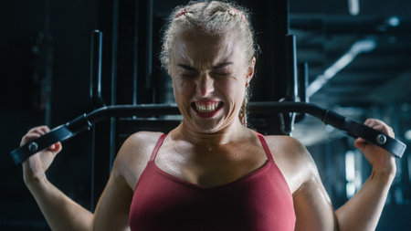 An Agile Future Champion Training by Using Lat Pull Down Machine and Sweating in a Dark Gym. The Portrait of a Focused Sports Woman Doing Workout Exercises withの写真素材